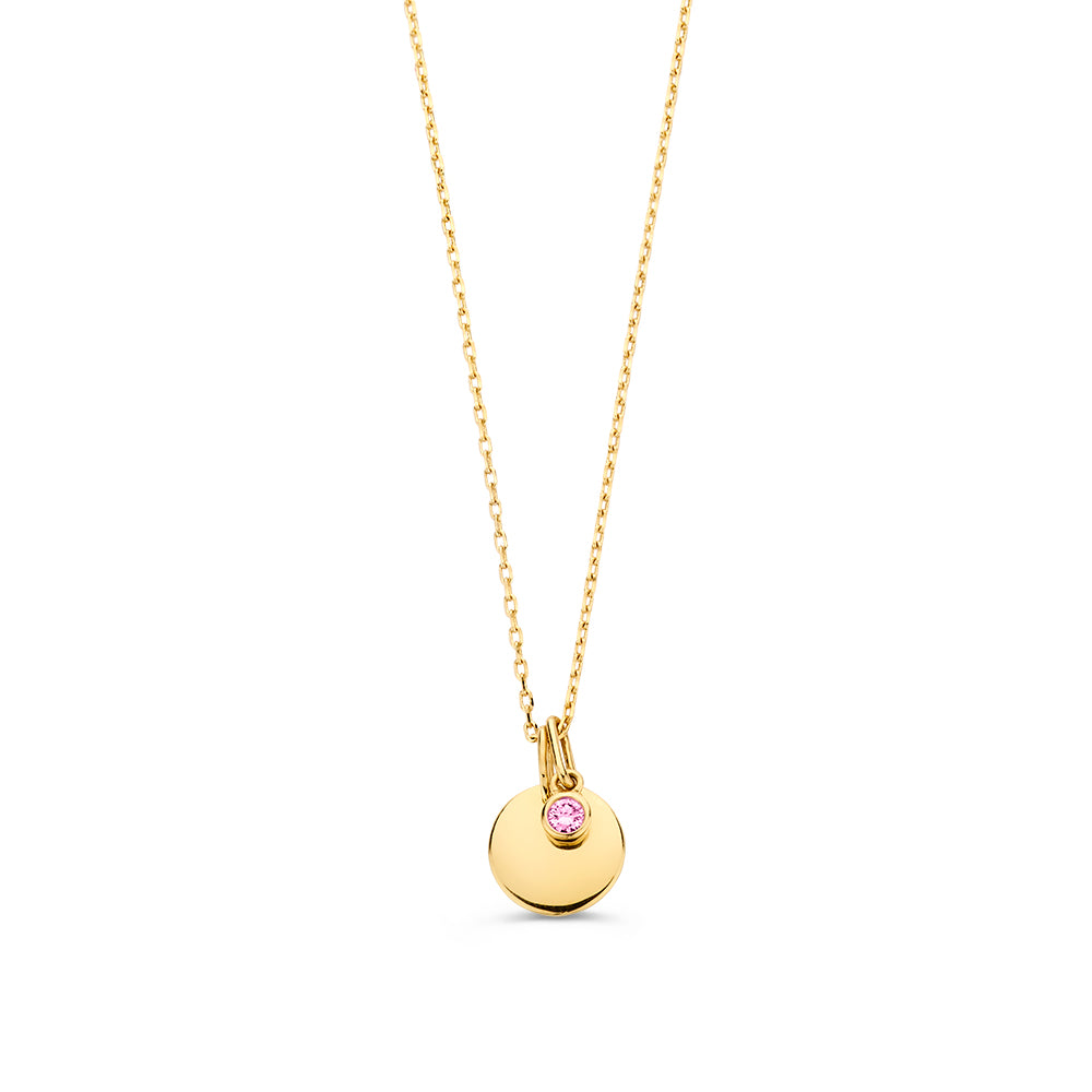 Collier met graveerplaatje + roze diamant hanger 0,05 crt. geelgoud