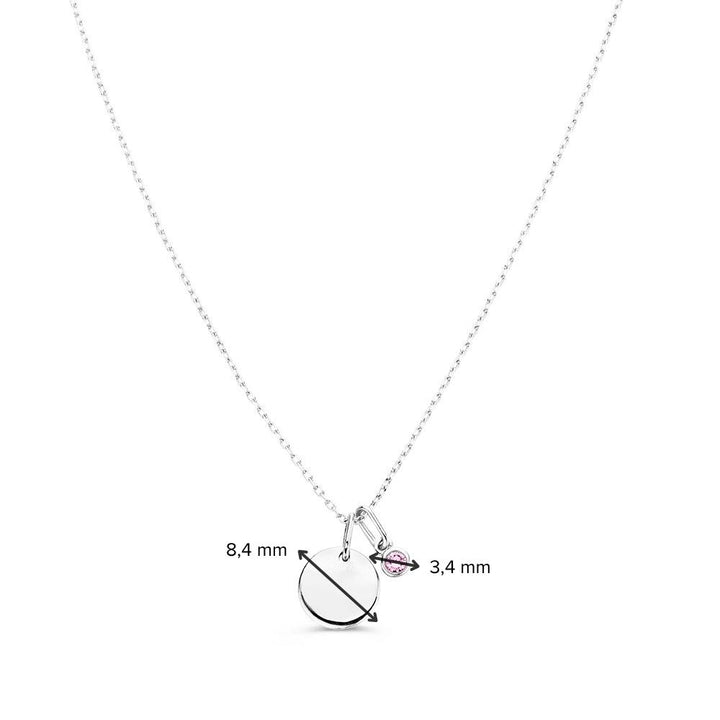 Collier met graveerplaatje + roze diamant hanger 0,05 crt. witgoud
