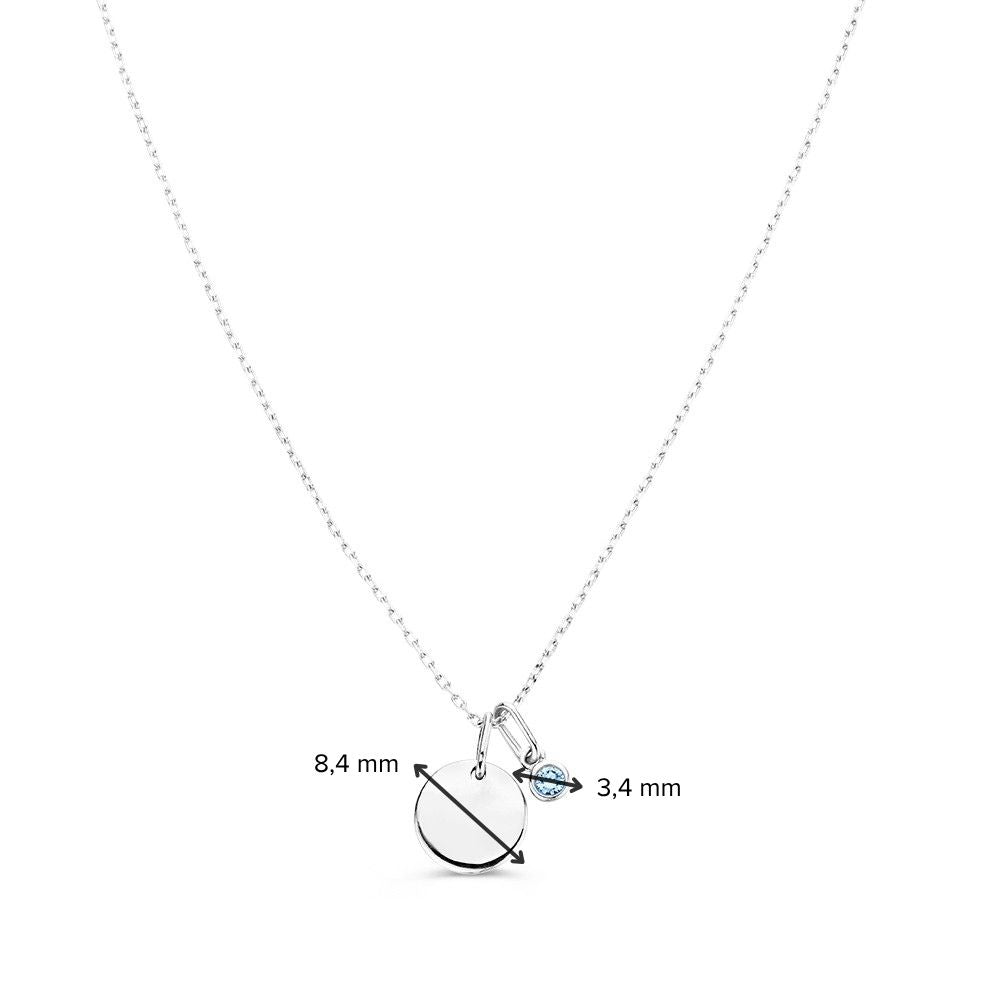 Collier met graveerplaatje + blauwe diamant hanger 0,05 crt. witgoud