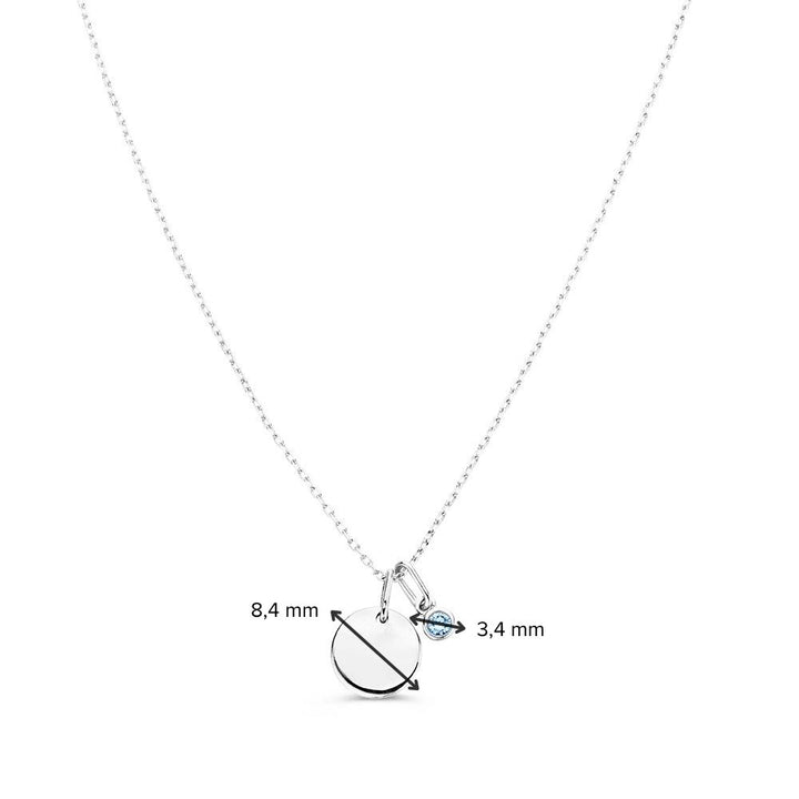 Collier met graveerplaatje + blauwe diamant hanger 0,05 crt. witgoud