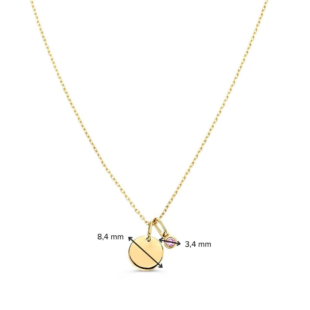 Collier met graveerplaatje + roze diamant hanger 0,05 crt. geelgoud