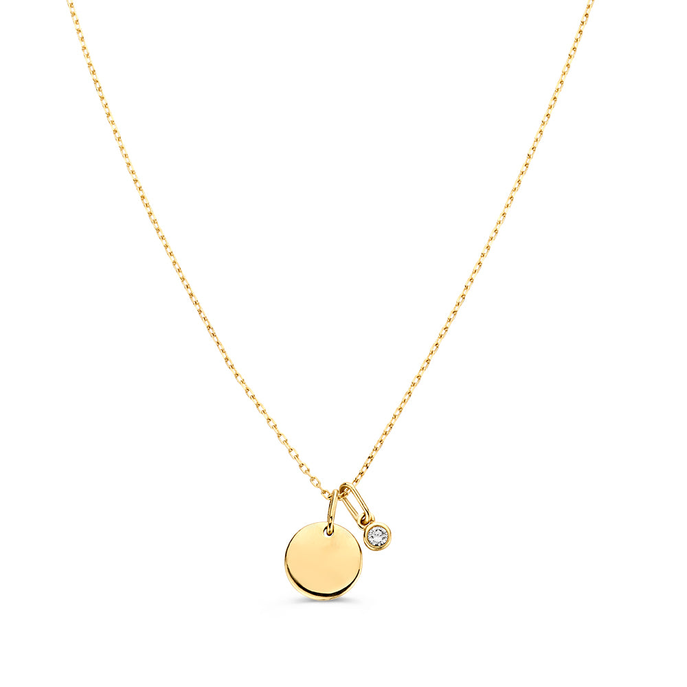 Collier met graveerplaatje + witte diamant hanger 0,05 crt. geelgoud