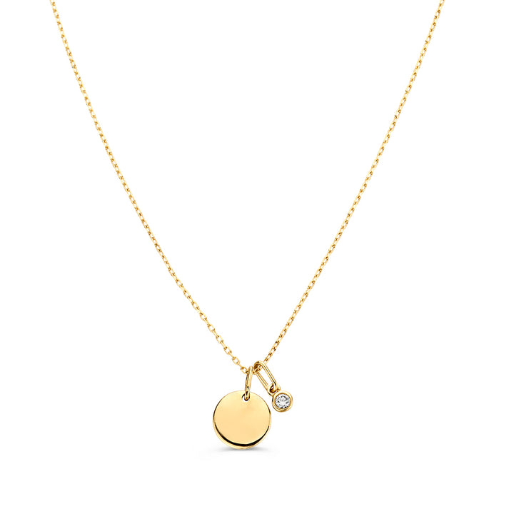 Collier met graveerplaatje + witte diamant hanger 0,05 crt. geelgoud