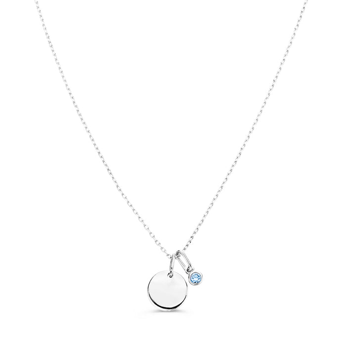Collier met graveerplaatje + blauwe diamant hanger 0,05 crt. witgoud