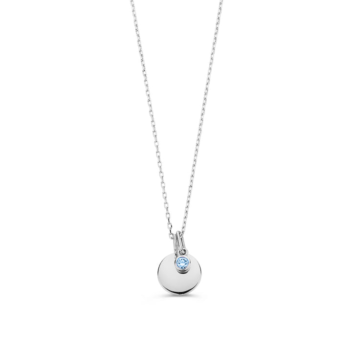 Collier met graveerplaatje + blauwe diamant hanger 0,05 crt. witgoud