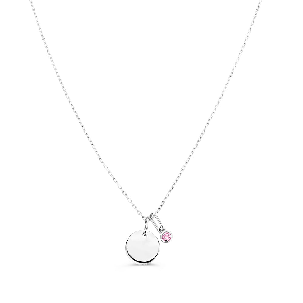 Collier met graveerplaatje + roze diamant hanger 0,05 crt. witgoud