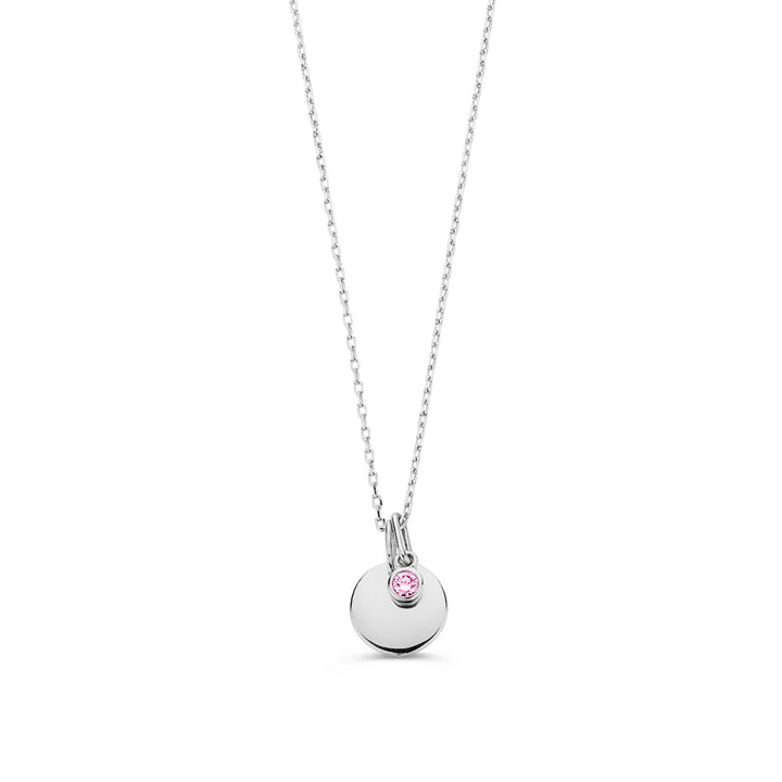 Collier met graveerplaatje + roze diamant hanger 0,05 crt. witgoud