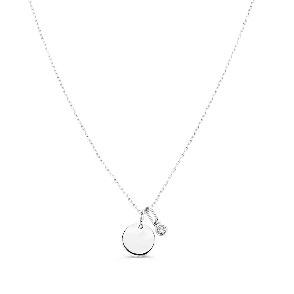 Collier met graveerplaatje + witte diamant hanger 0,05 crt. witgoud