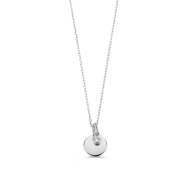 Collier met graveerplaatje + witte diamant hanger 0,05 crt. witgoud